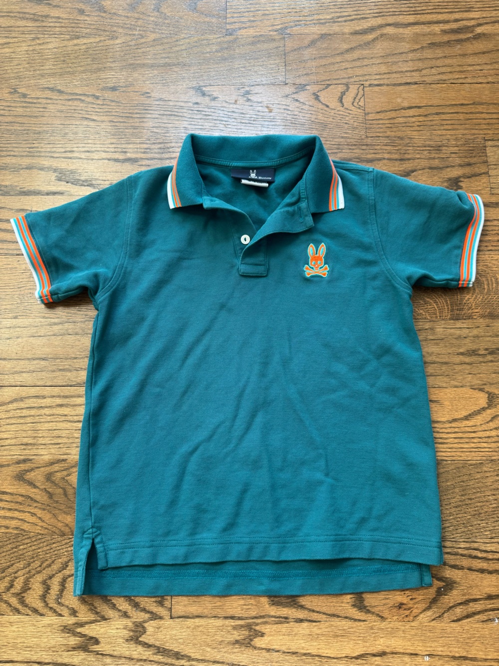 Psycho Bunny Boys M Teal Polo Shirt Orange Logo 100% Pima Cotton